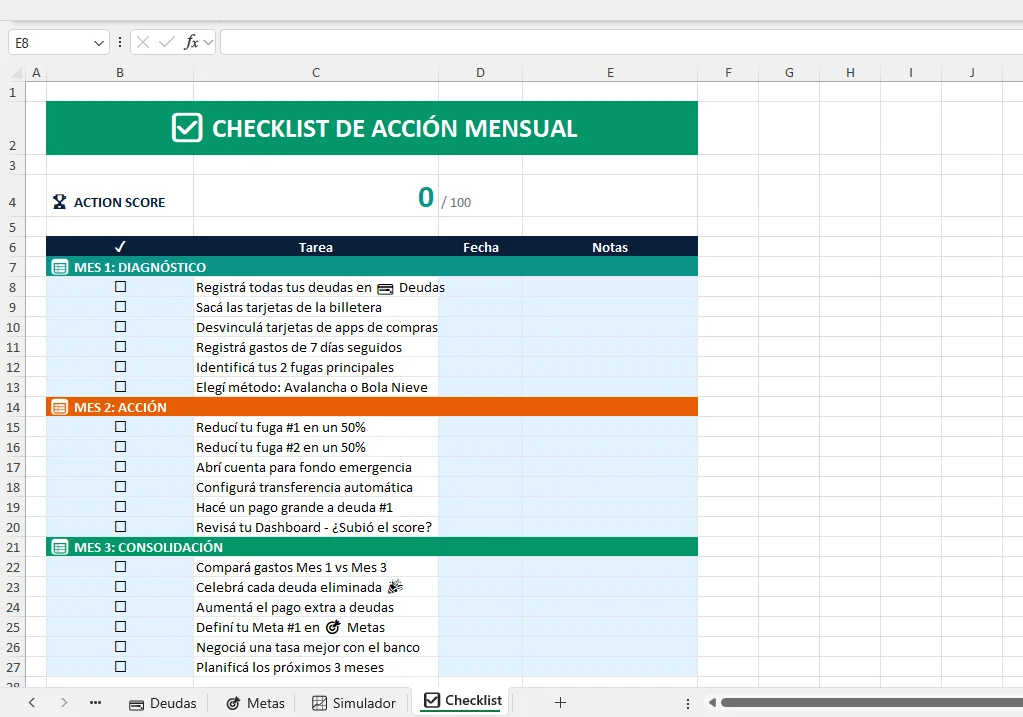 Checklist de Acción Mensual - Excel FinanZarte